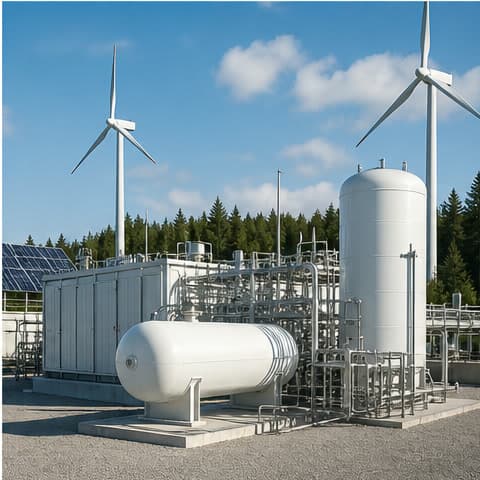 Green hydrogen production facility with storage tanks, solar panels, and wind turbines
