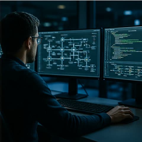 Engineer reviewing process automation code and a digital flowsheet on dual monitors