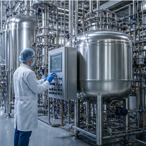 Scientist operating stainless-steel bioprocess reactors