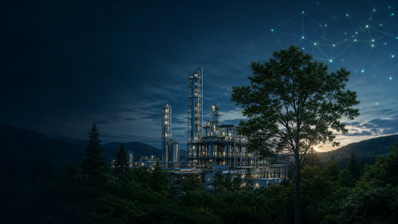 Sustainable industrial facility set among trees, overlaid with a network graph