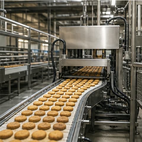Food products moving along a manufacturing line