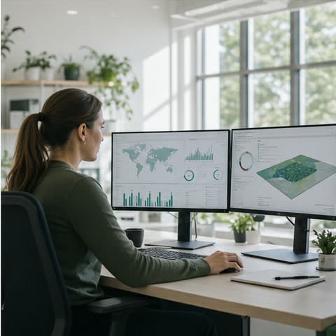 Life cycle assessment analyst reviewing environmental model results