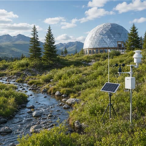 Environmental research station monitoring a biodiverse landscape