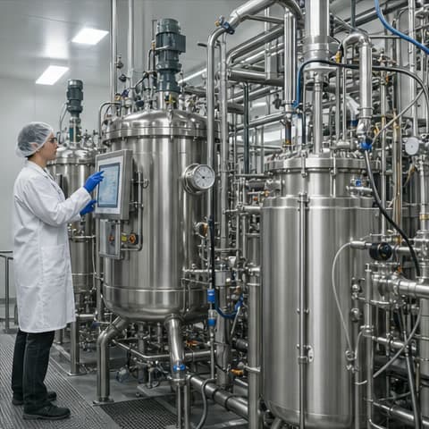 Researcher working with a stainless-steel bioprocess pilot plant