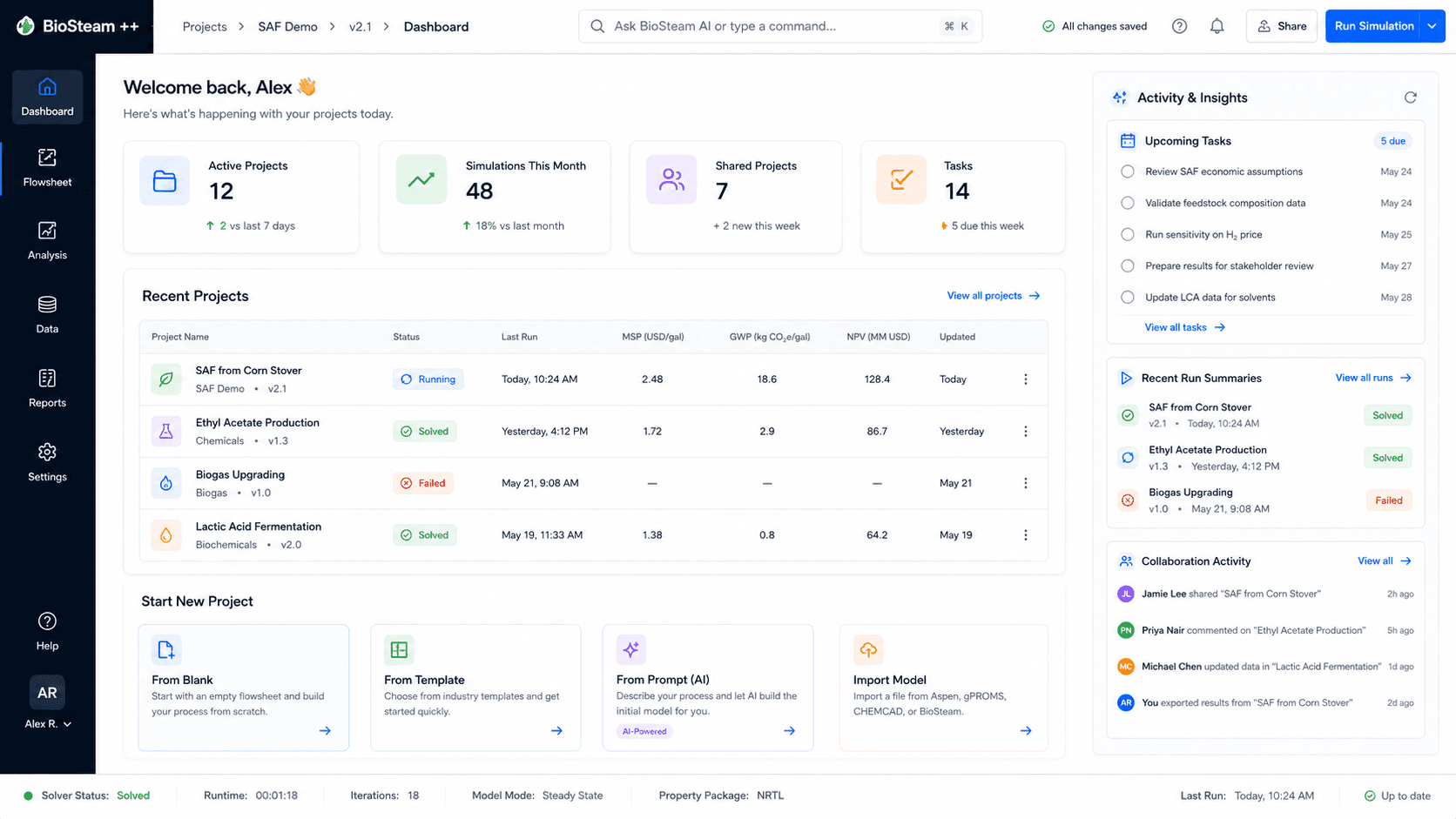 BioFlow Studio project dashboard showing simulations, tasks, and recent projects